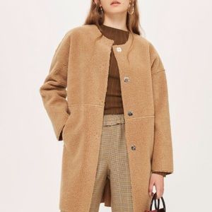 Topshop Collarless Borg Camel Teddy Coat M